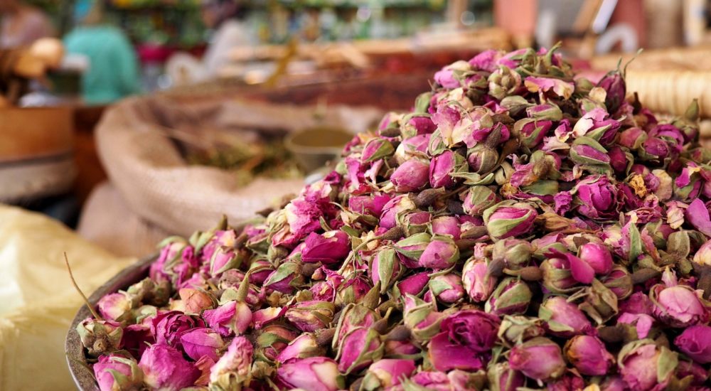 basket of dried flowers in open-air market
