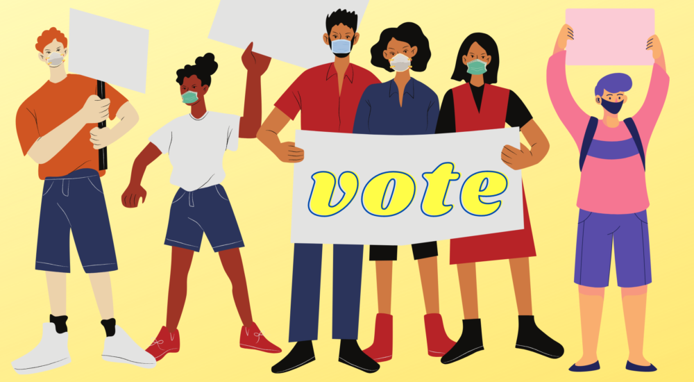illustration of a group of voters with signs and wearing masks