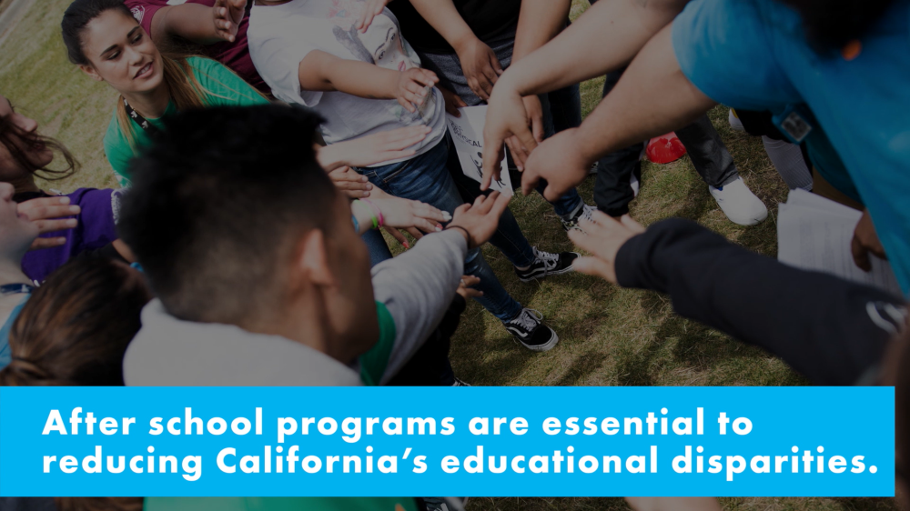 thumbnail from a video, slide says "after school programs are essential to reducing California's educational disparities"