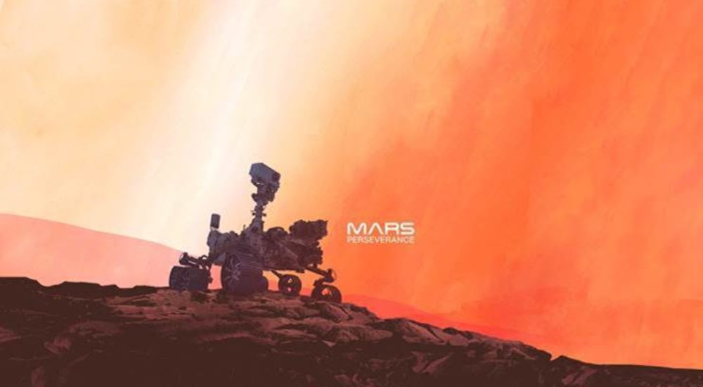 Mars rover in front of an orange sky