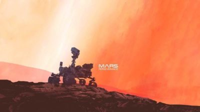 Mars rover in front of an orange sky