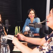 3 women recording a podcast