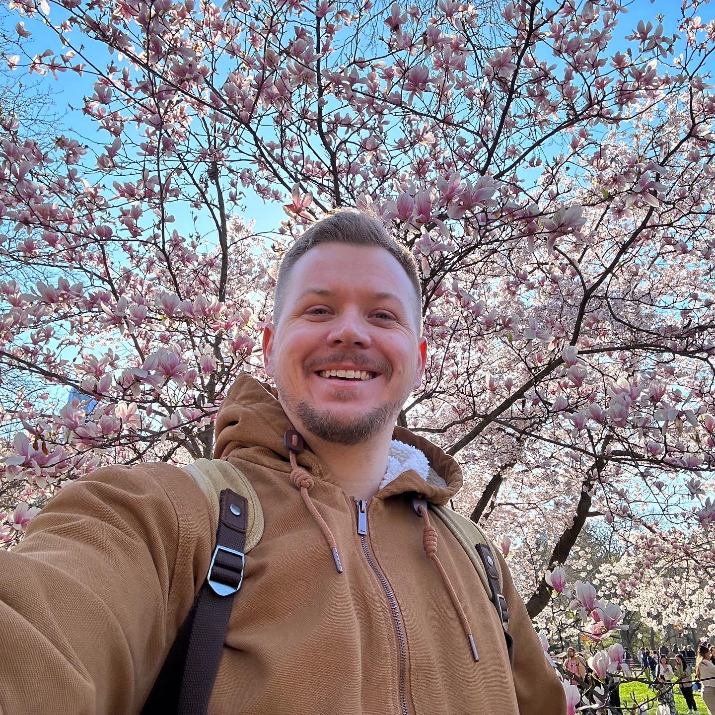 A photo of Connor under a tree with cherry blossoms.